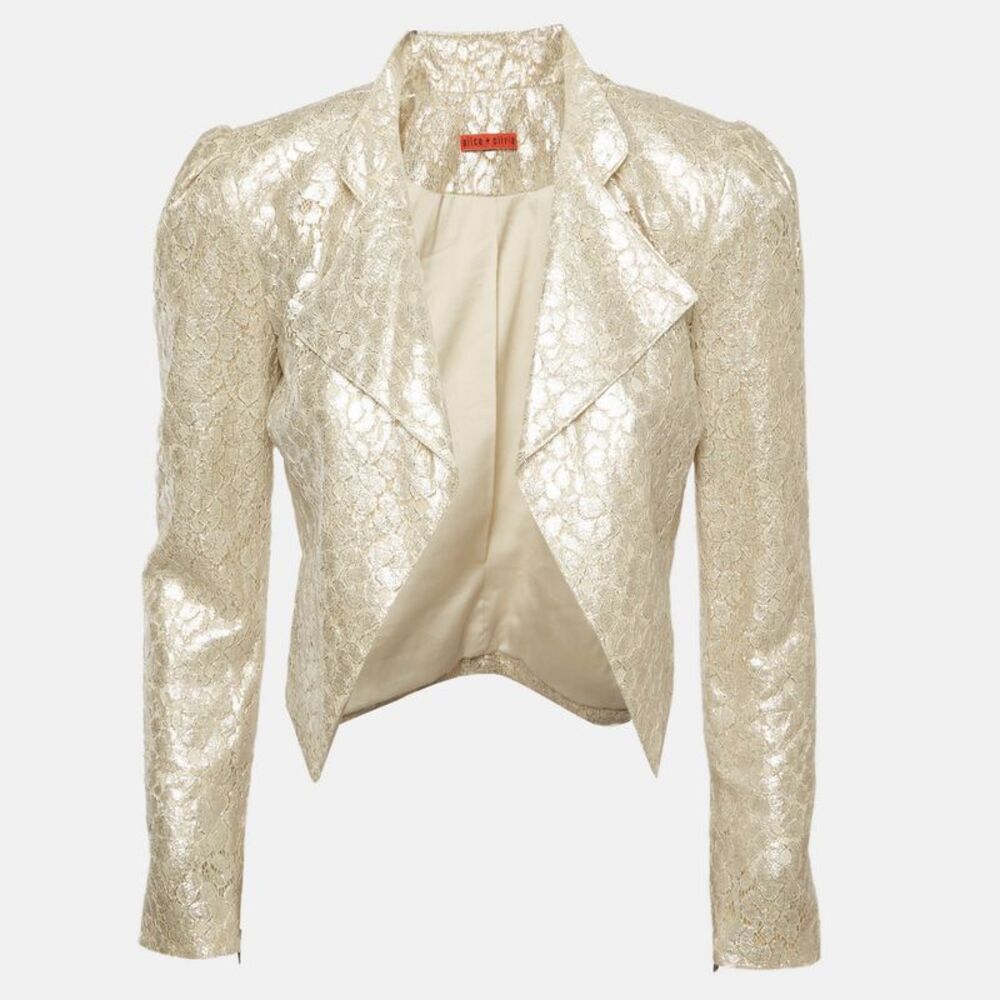 Alice + Olivia Cream Metallic Lace Open Front Crop Jacket M